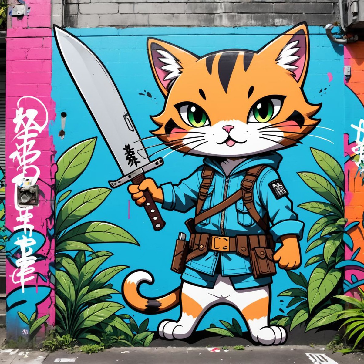Graffiti style anime style, adventurer cat, dense jungle, holding a machete . Street art, vibrant, urban, detailed, tag, m...